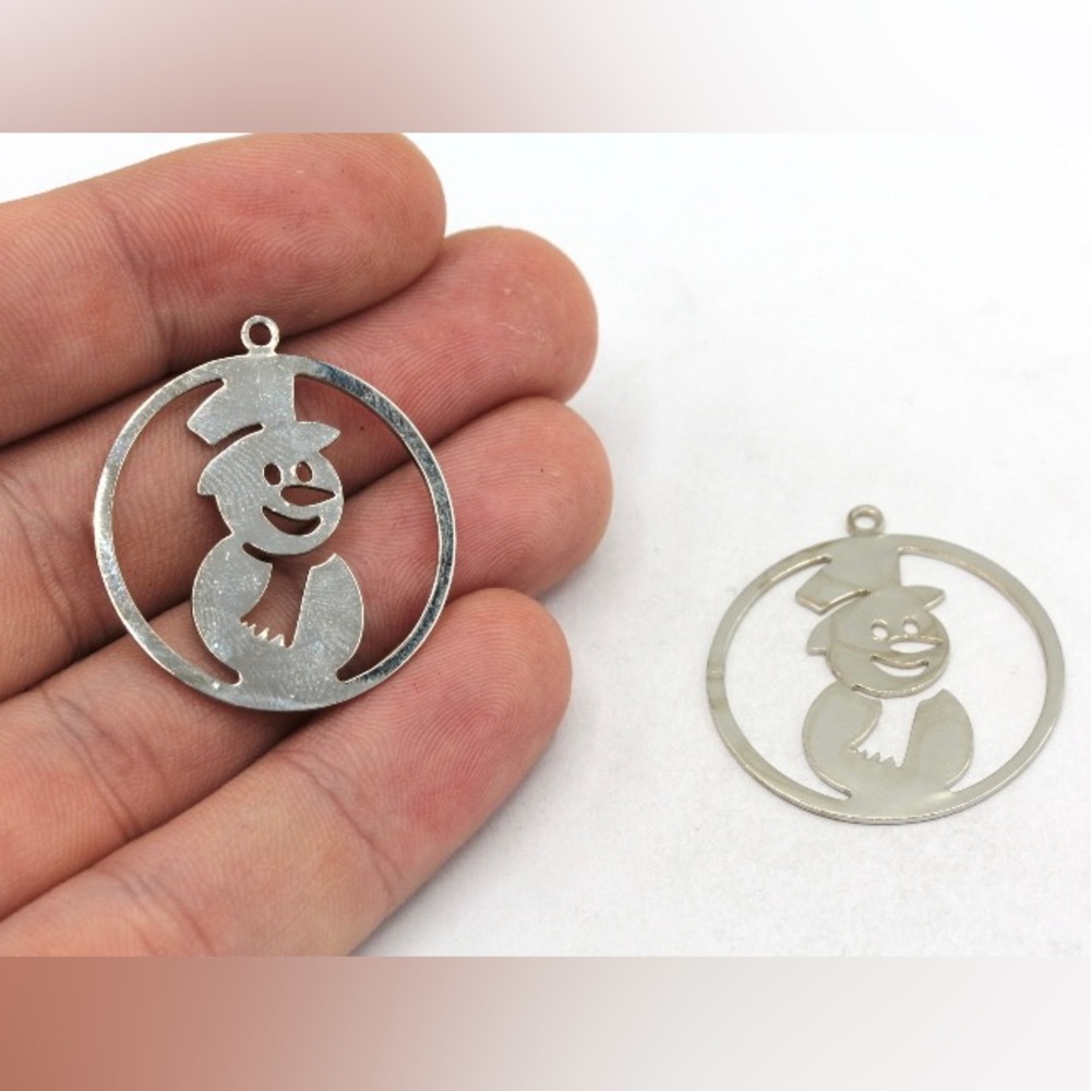Rhodium Plated Snowman Charm, Round Snowman Charm, Winter Charms, Laser Charms